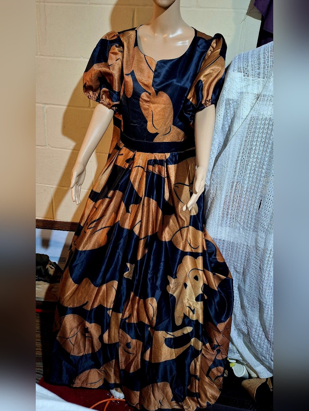 Navy and Copper Satin Floral Puff Sleeve Dress - Picture 4 of 4